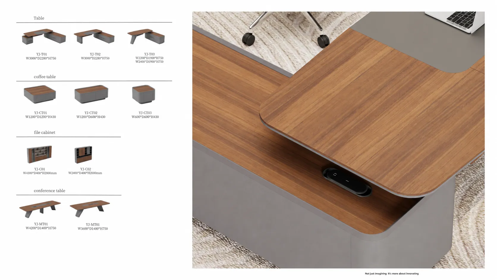 FENLERN catalogue page showing desk, cabinet and table models with dimensions and a desktop detail