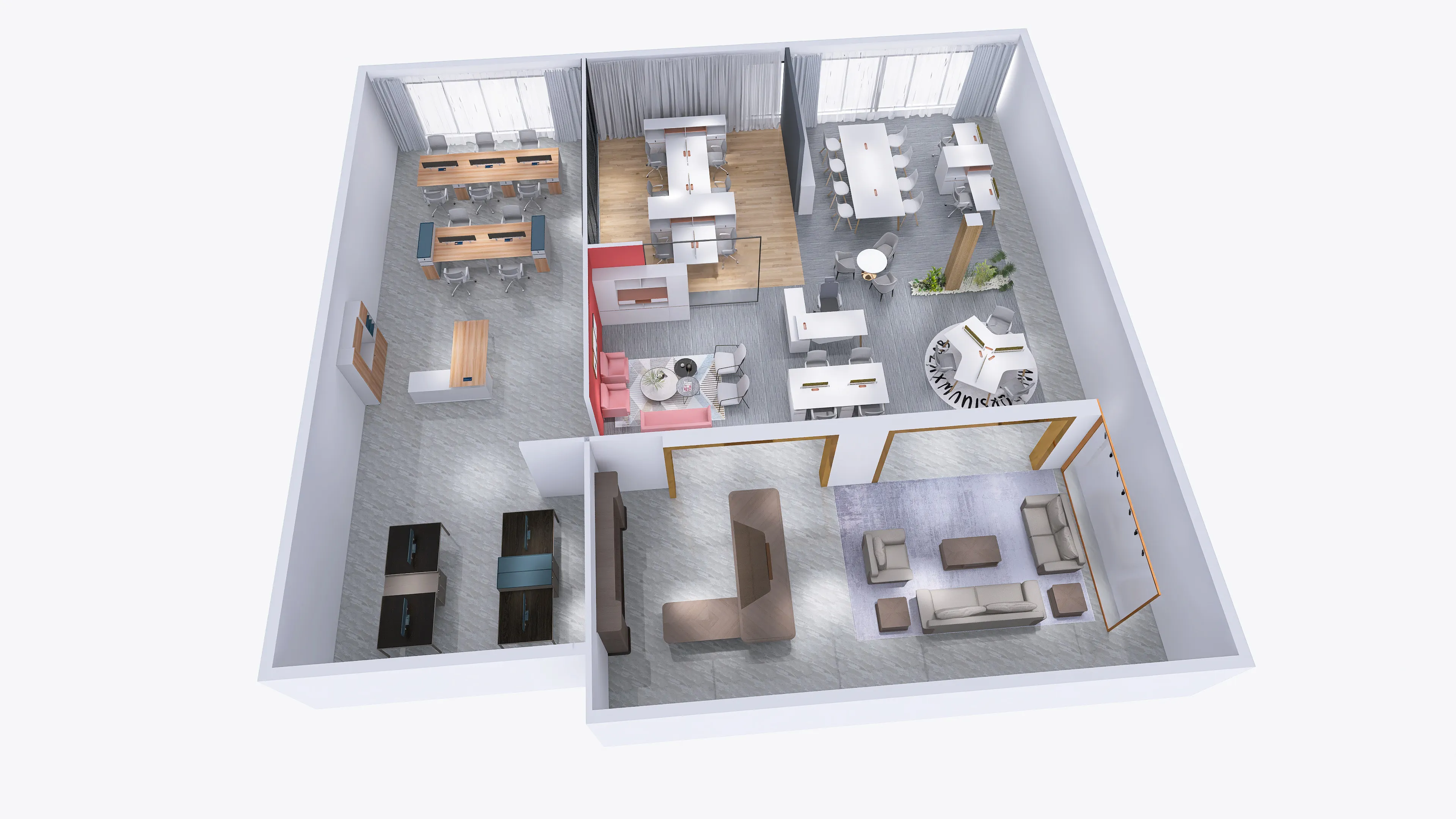 3D office layout showing workstations, private rooms and shared seating areas