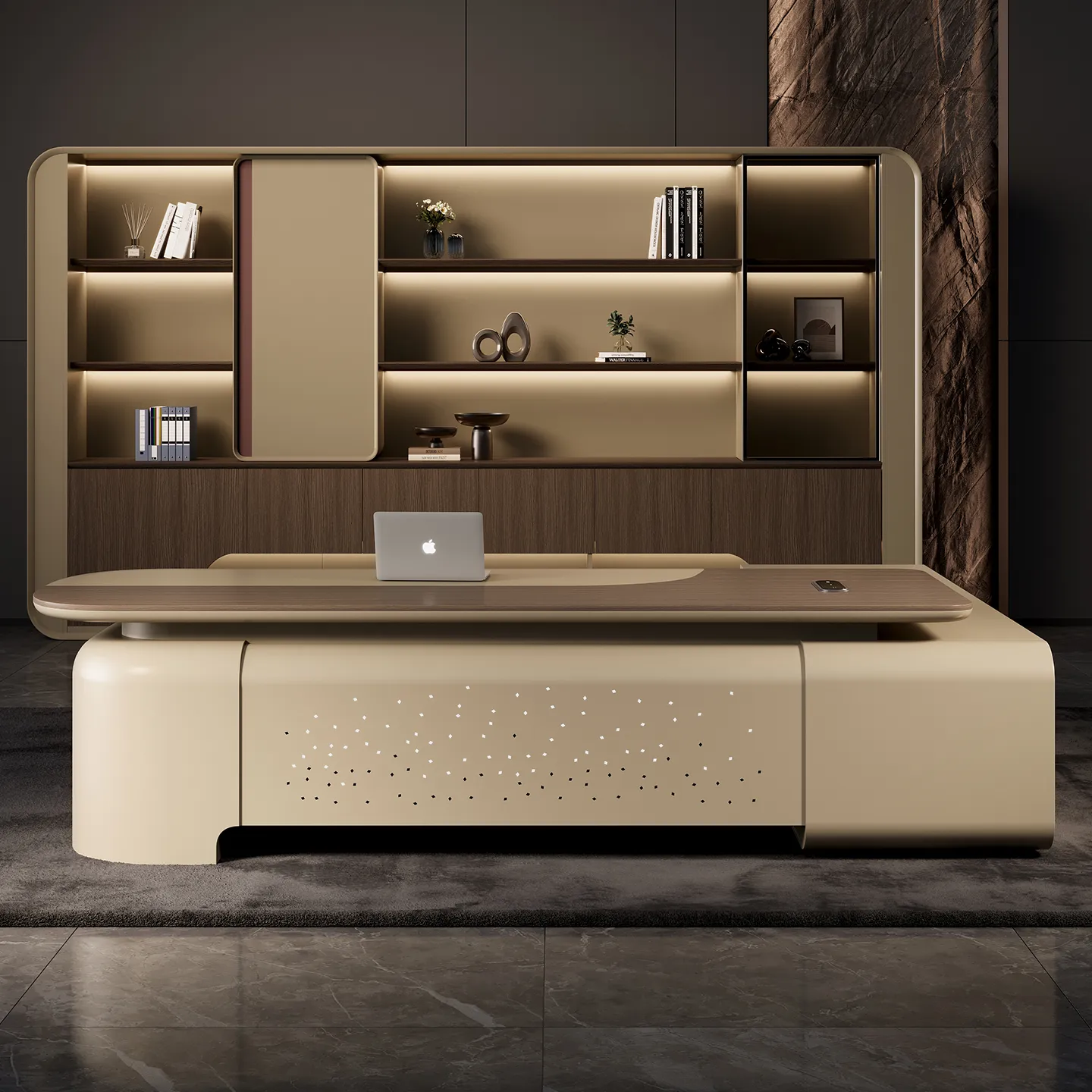With its generous work surface, integrated storage and distinctive rounded profile, this executive desk is suitable for modern CEO offices, private executive suites and high-end corporate workspaces.