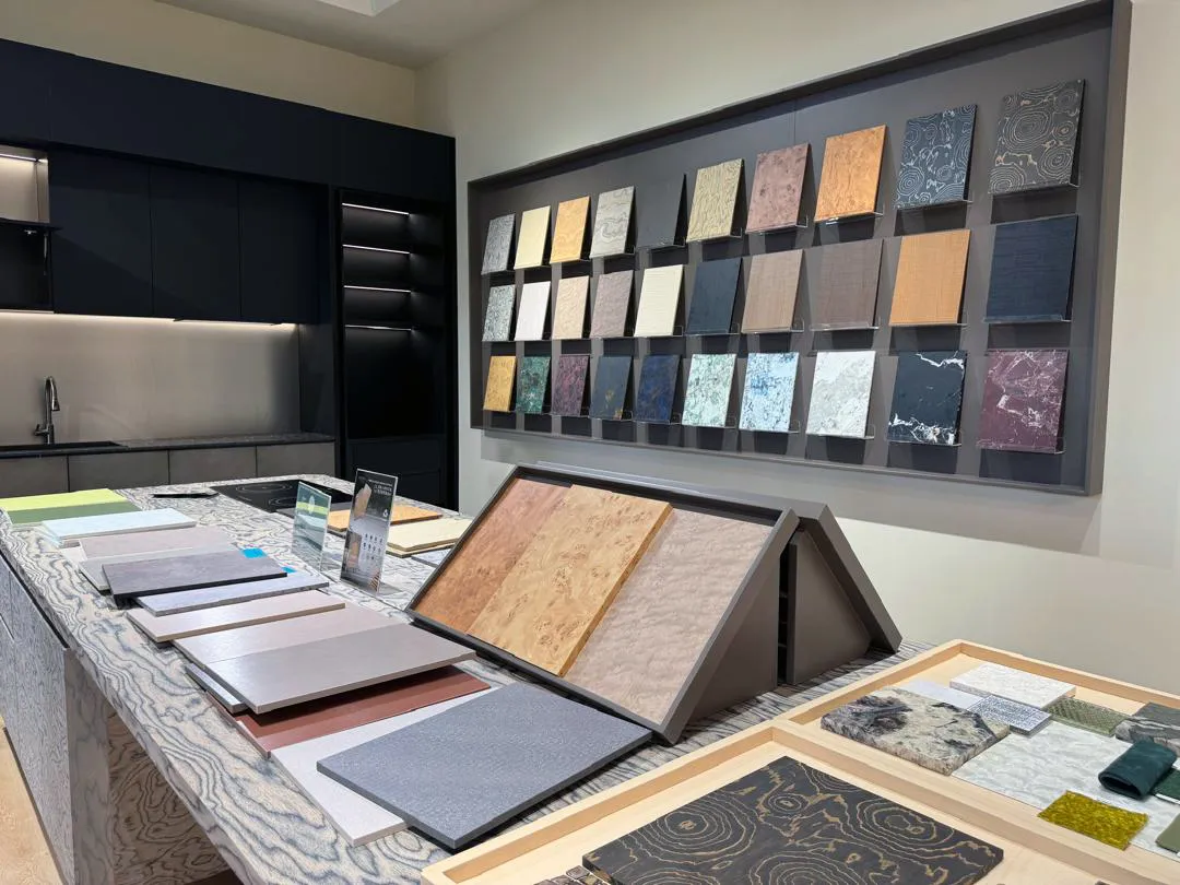 Custom office furniture material samples with different board finishes and textures