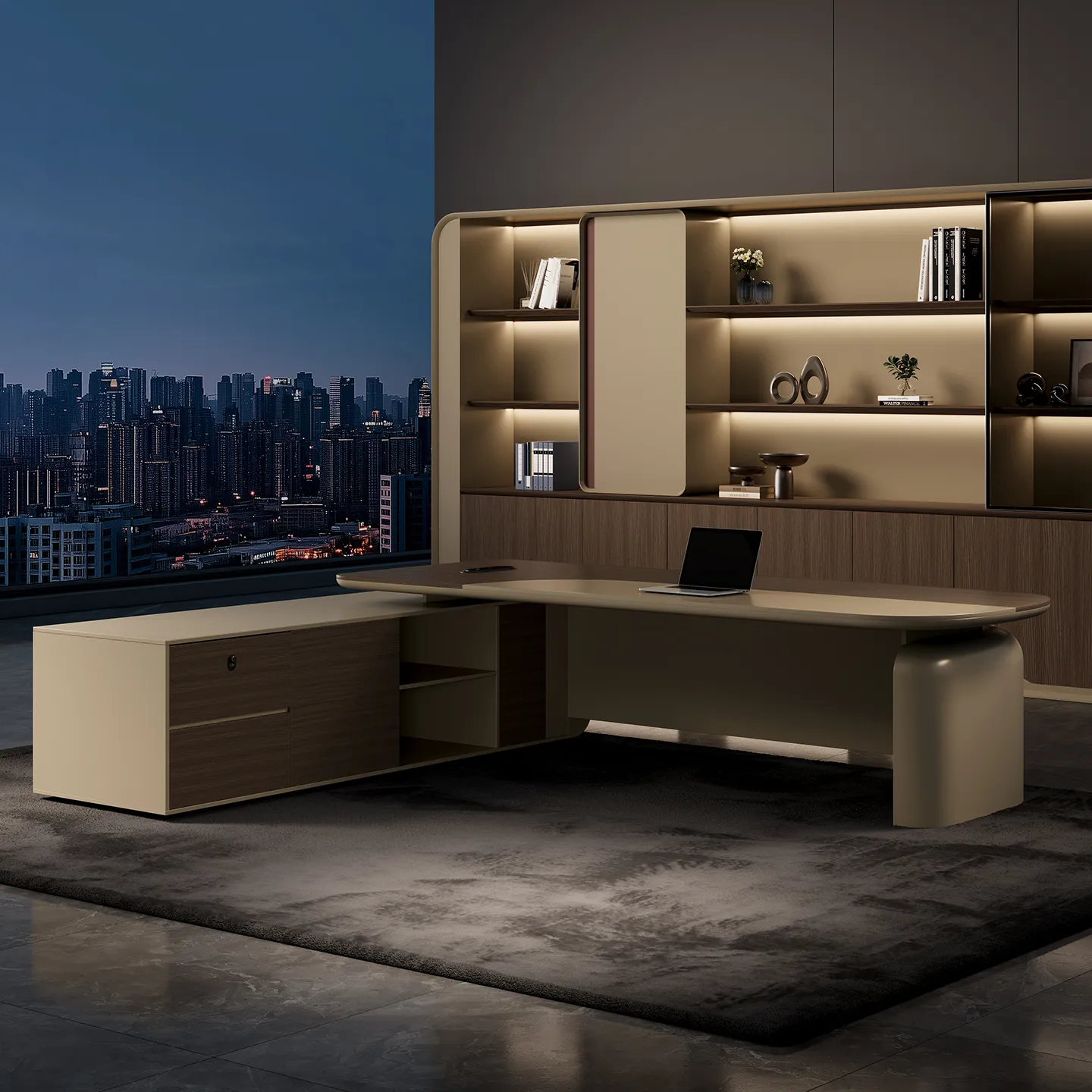 A discreet power access point is integrated into the desktop, allowing everyday devices to connect conveniently while keeping cables organized and the executive workspace visually clean.
