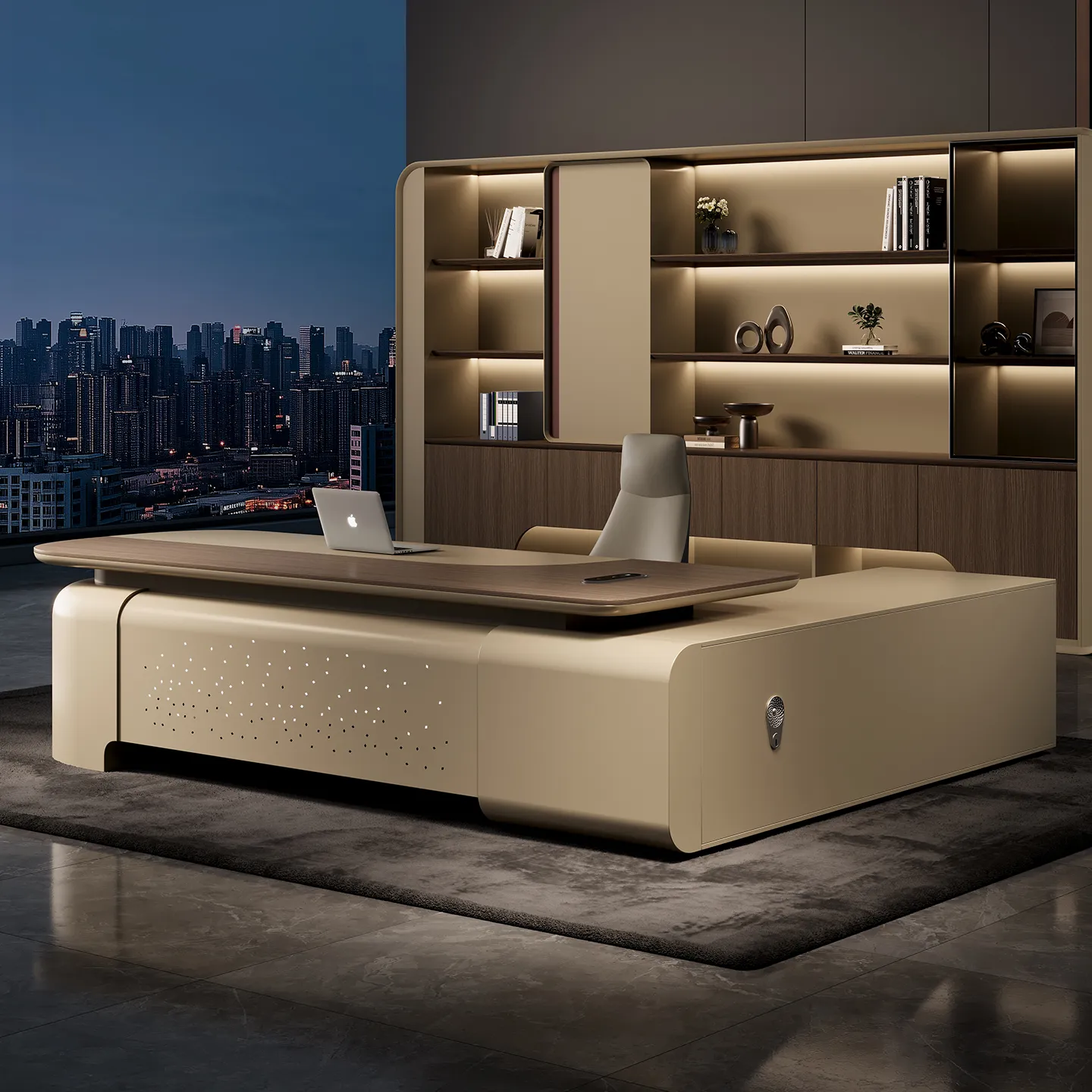 The spacious executive desk integrates a large side storage cabinet, providing convenient space for documents, office essentials and personal items while keeping the main workspace clean and organized.