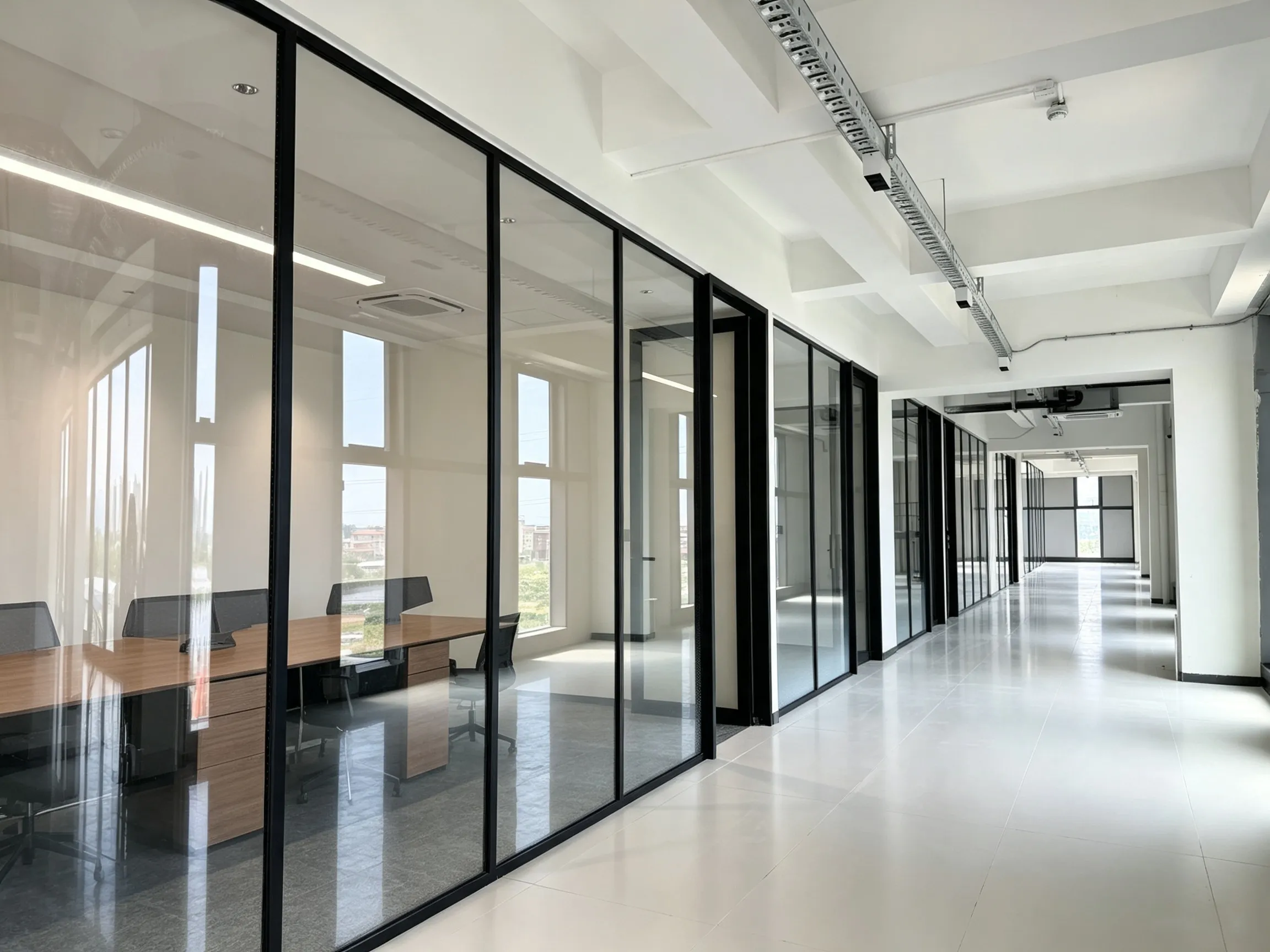 Office glass partitions separating meeting and work areas