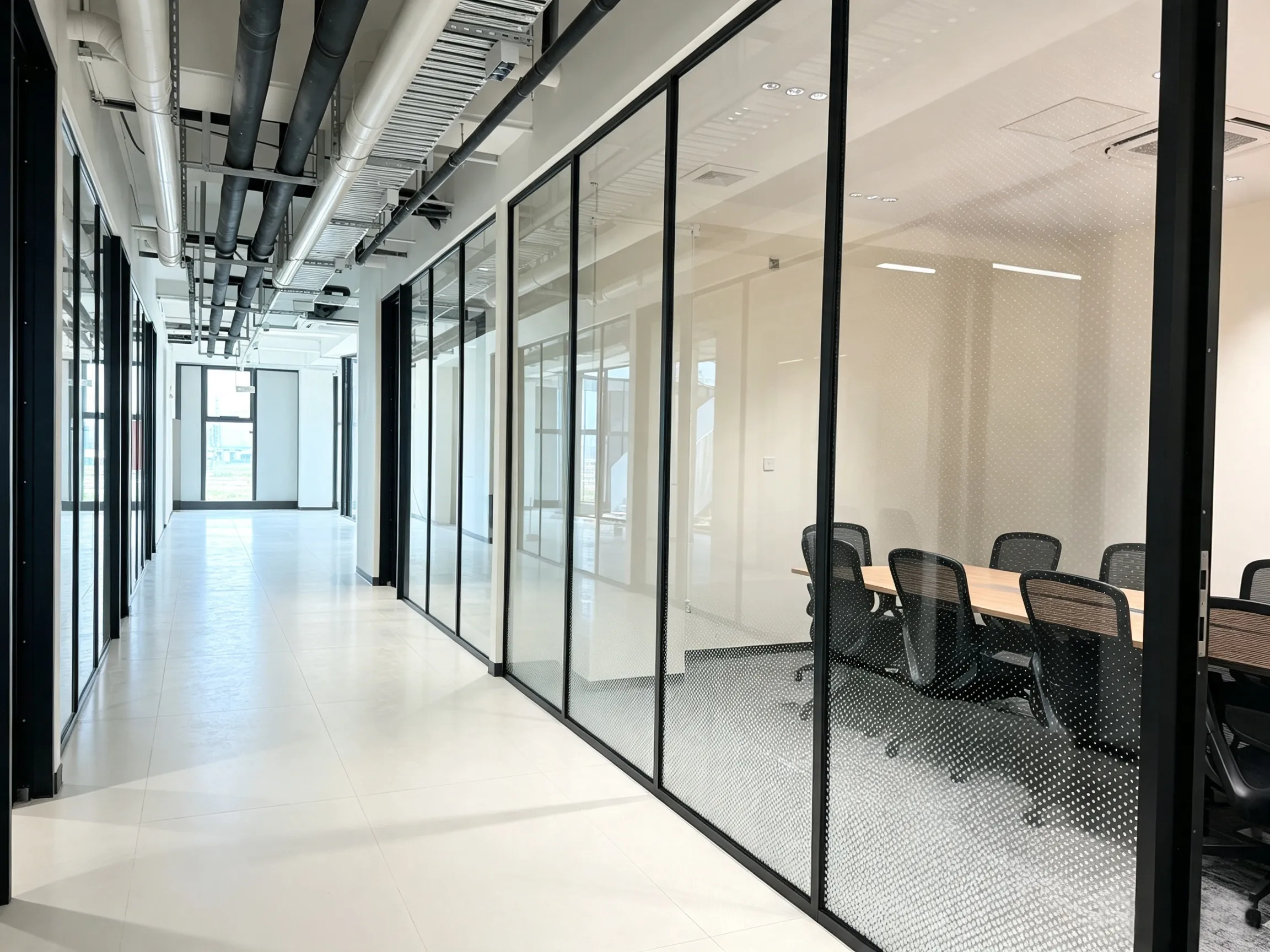 Office furniture project with glass partitions and open workspace