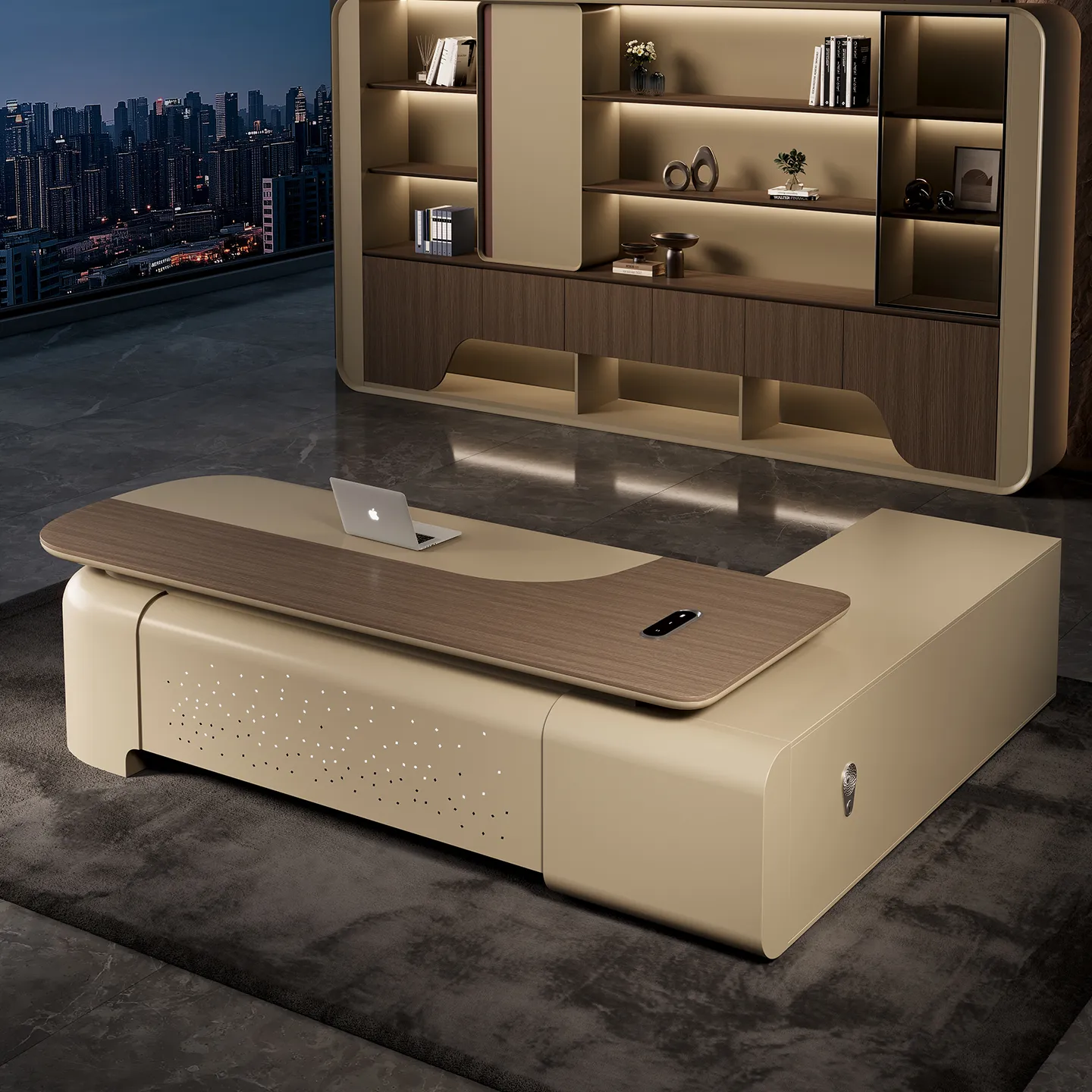 A contemporary executive desk designed for CEO and leadership offices, combining a refined wood-grain work surface with a sculptural base and integrated storage for a clean, sophisticated workspace.