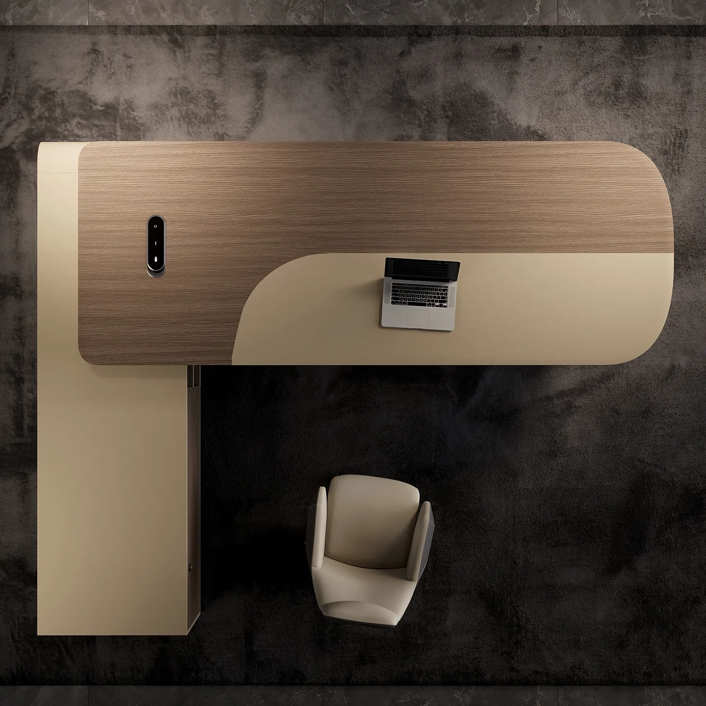 A warm wood-grain desktop contrasts with the soft beige finish to create a refined executive aesthetic. Rounded edges and seamless transitions give the desk a distinctive contemporary appearance.