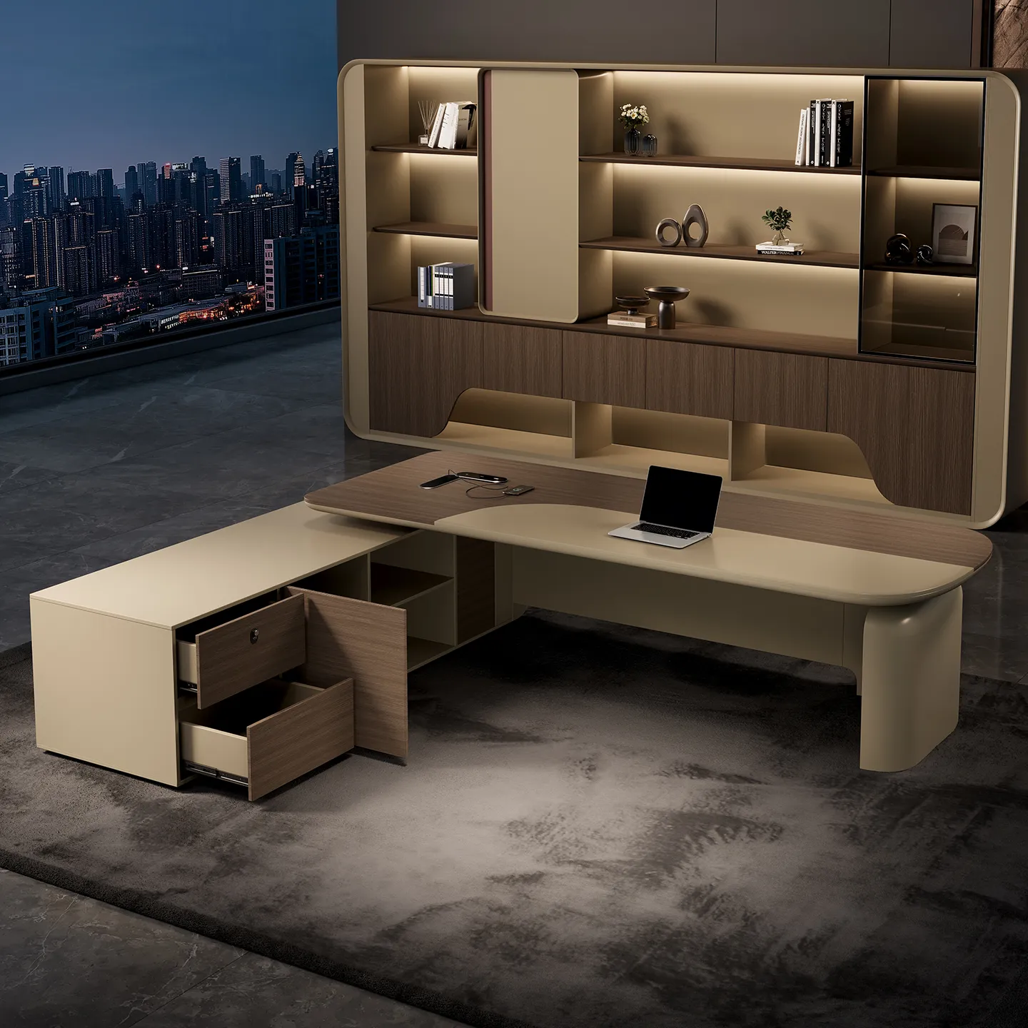 The integrated drawer features a password lock for secure storage of important documents, personal belongings and other confidential office items, adding practical security to the executive workstation.