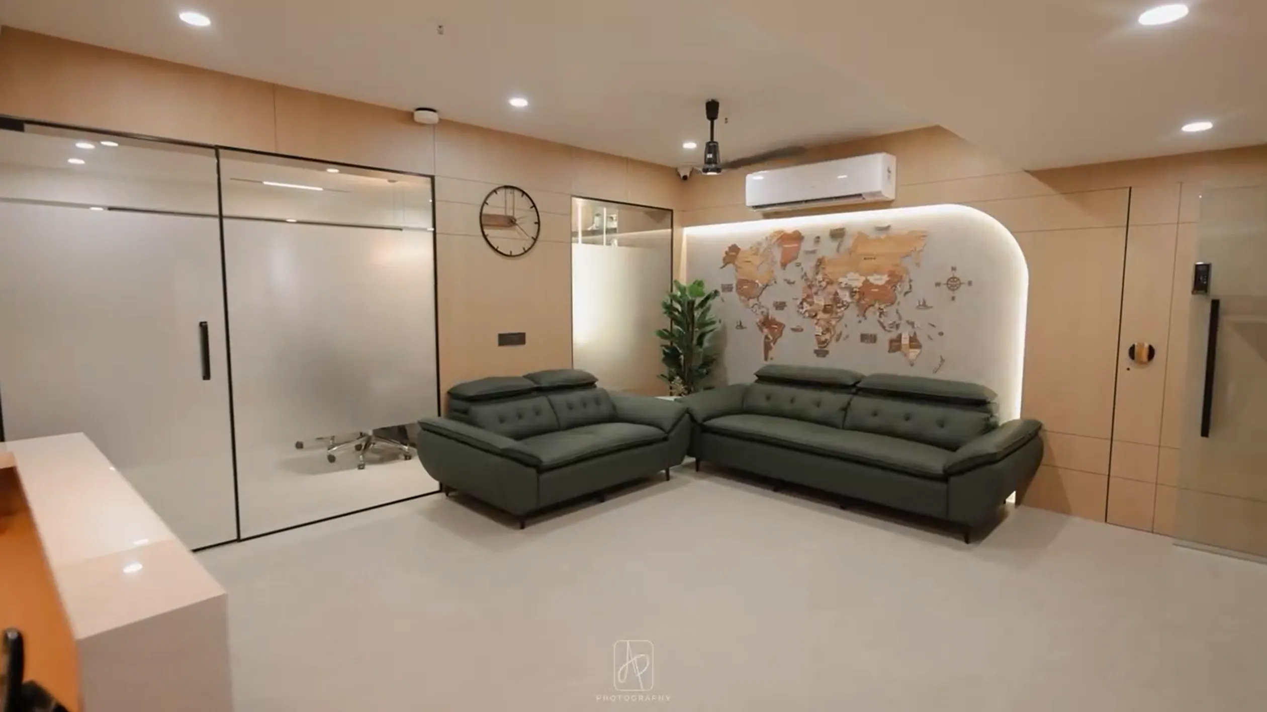 Client lounge area with custom office furniture in India