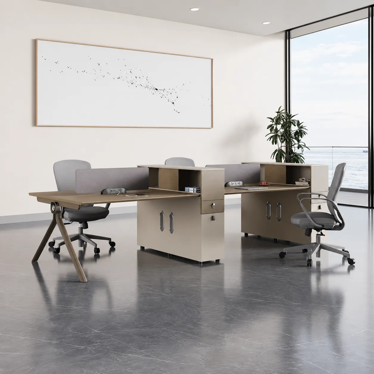 Axis modular office workstation desk with privacy screens and integrated storage cabinets
