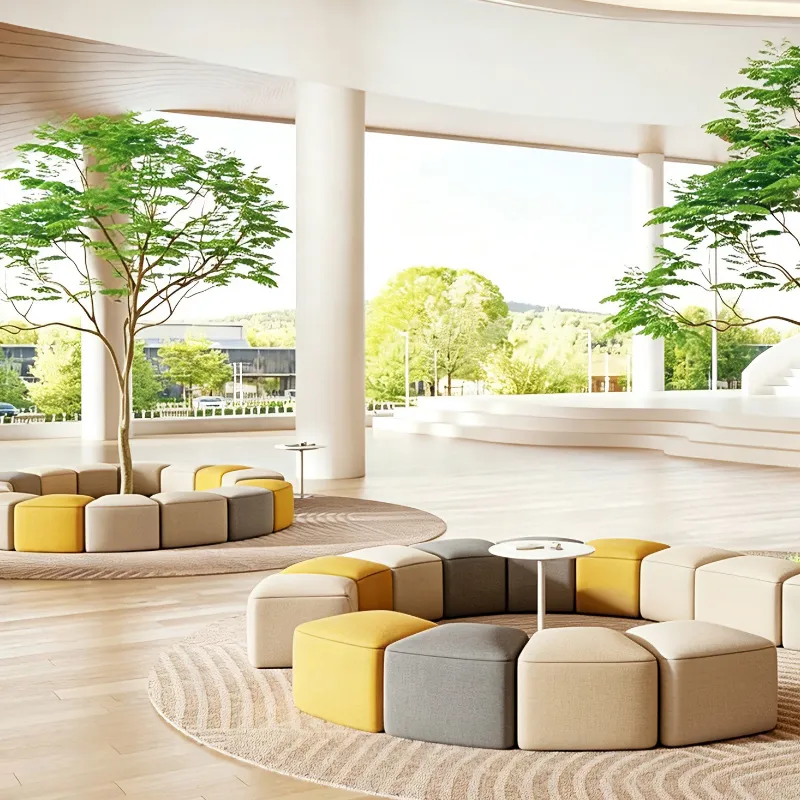 Collaborative office lounge seating with curved upholstered sofa modules