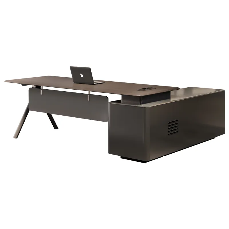 Contemporary manager office desk with slim desktop and modern metal support structure