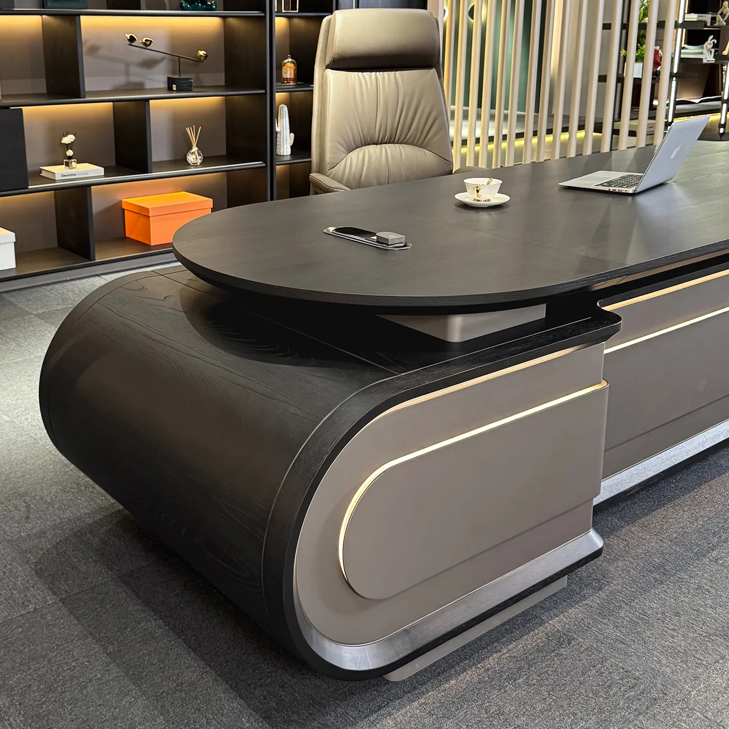 Rounded edge and curved side detail of contemporary executive office desk