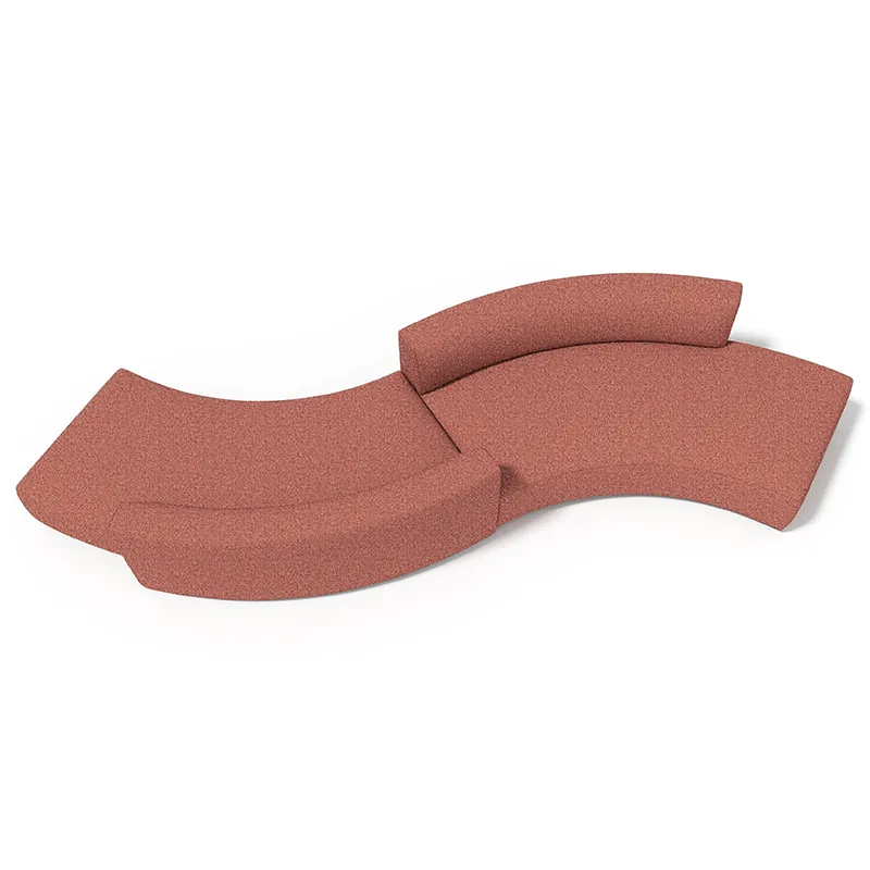 Curved multi-person office sofa assembled from modular upholstered seating units