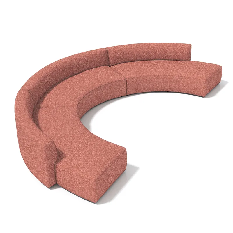 Curved multi-person office sofa assembled from modular upholstered seating units