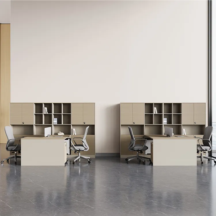 Double office workstation with large storage cabinets and individual work areas