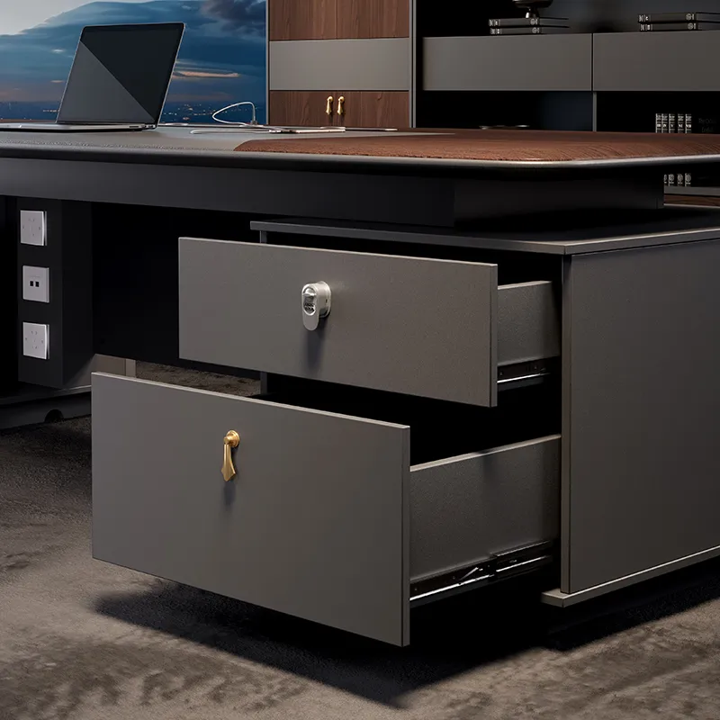 Fingerprint lock detail on secure executive office desk storage drawer
