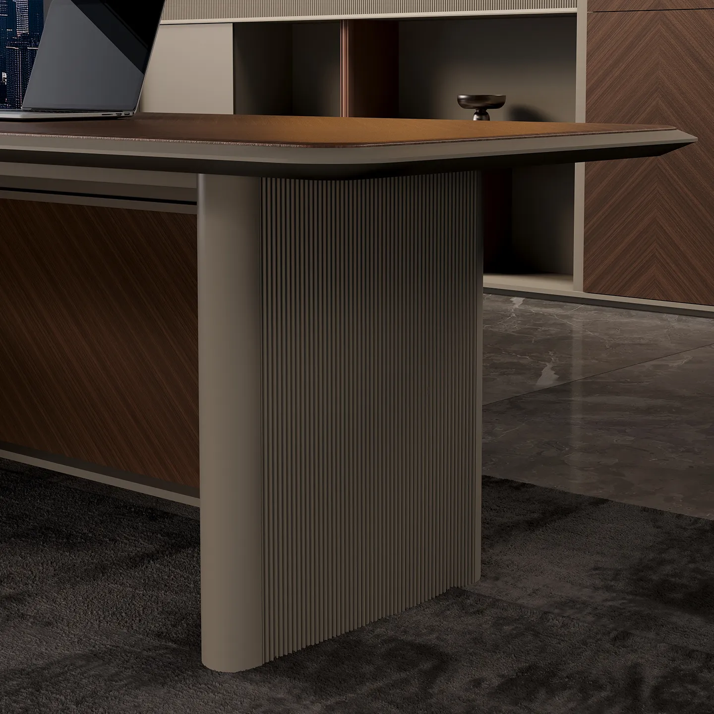 Fluted panel detail on a modern executive office desk