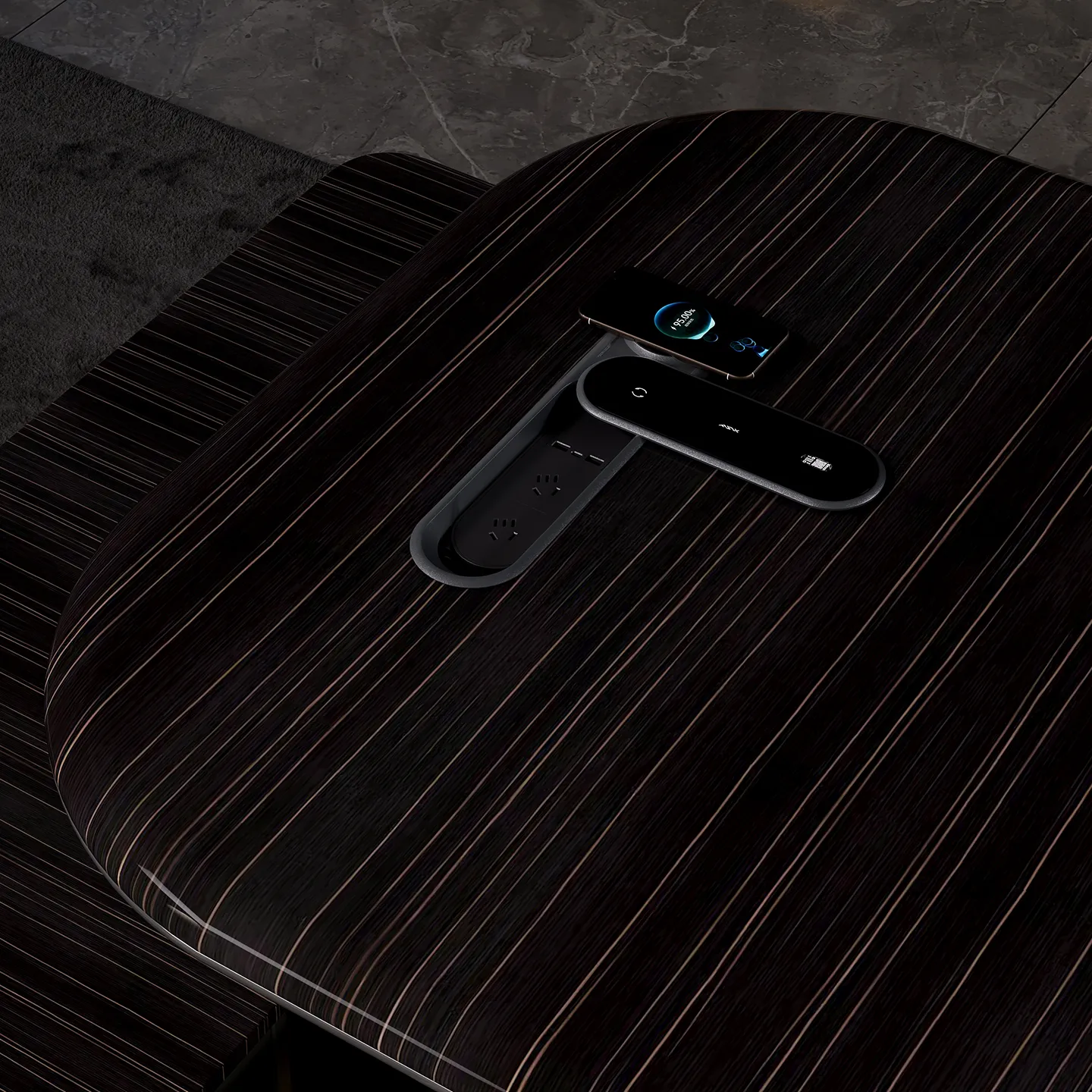 Hidden desktop power box integrated into luxury executive office desk