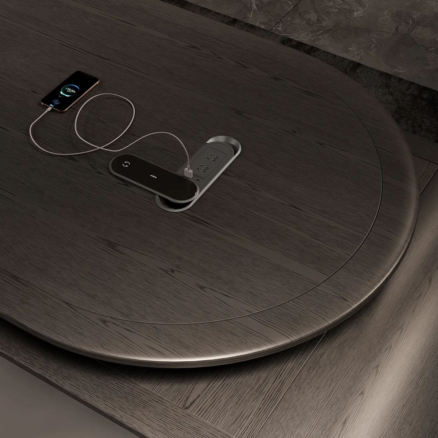 Integrated desktop power box for convenient charging on executive office desk