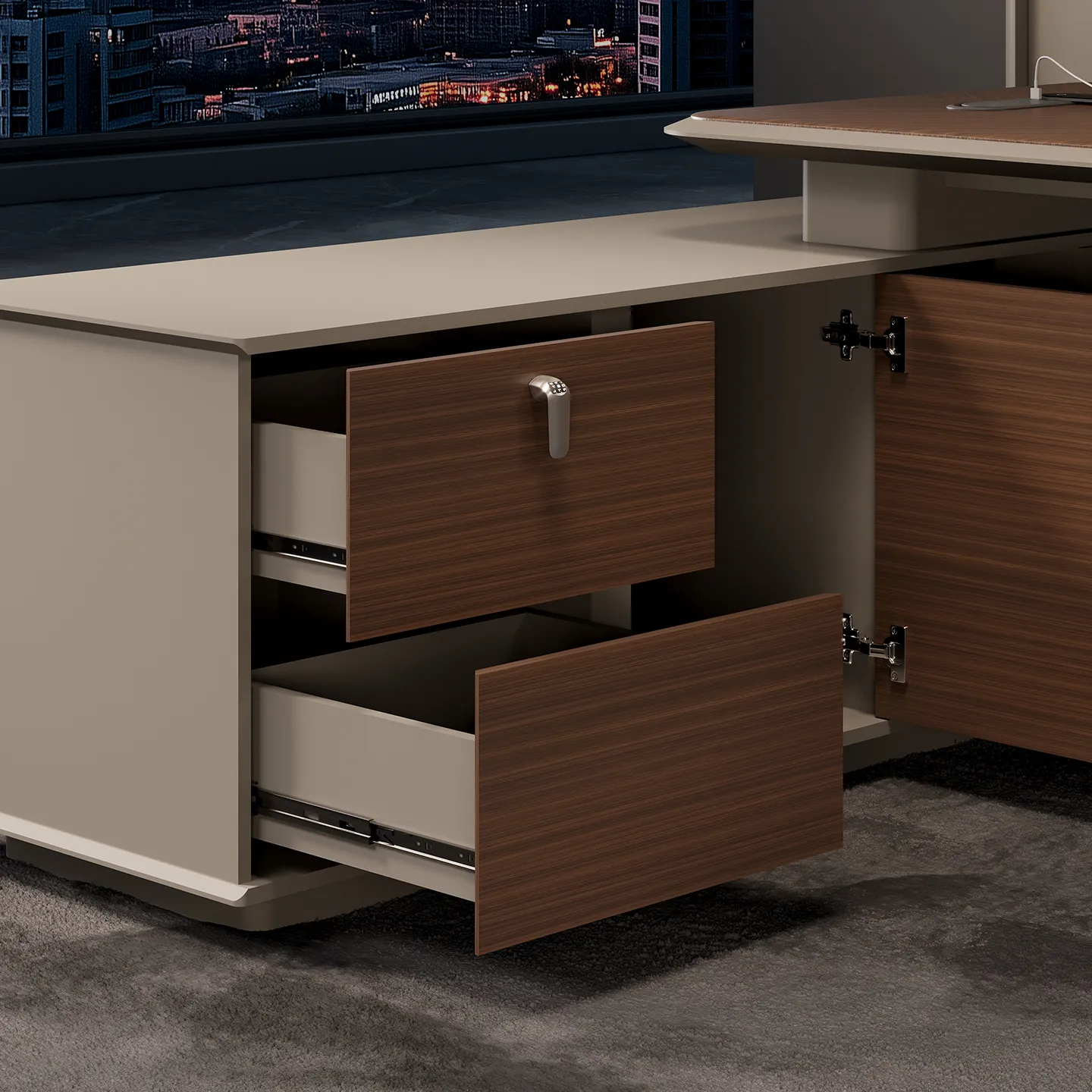 Secure storage drawer with password lock on an executive office desk