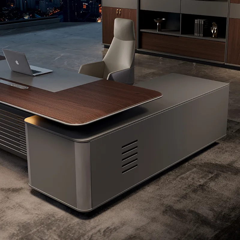 Integrated side cabinet design with drawers and storage for executive office desk