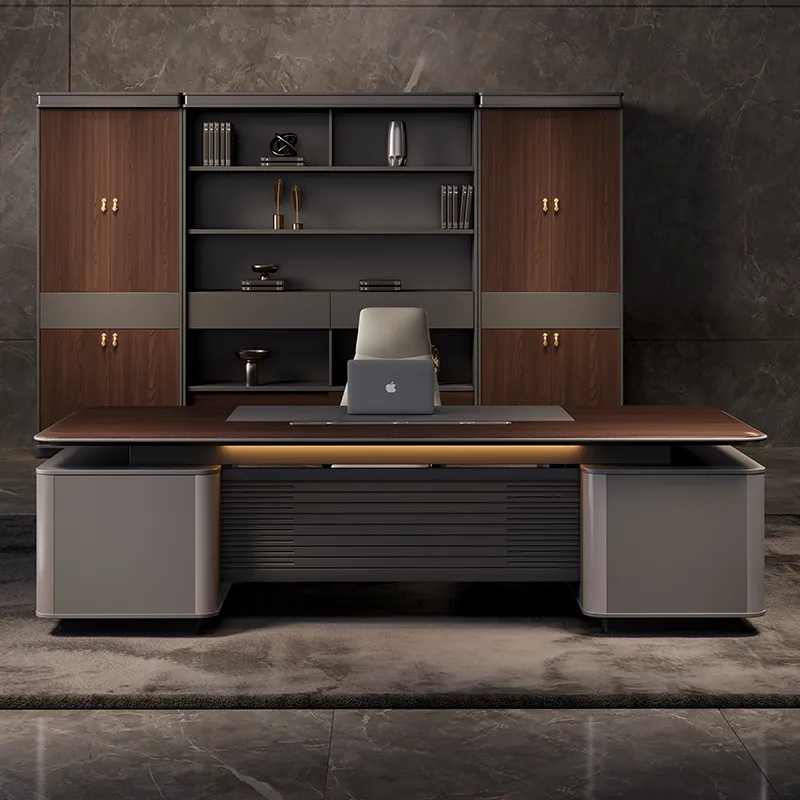 Executive office desk with integrated side cabinet and drawer storage