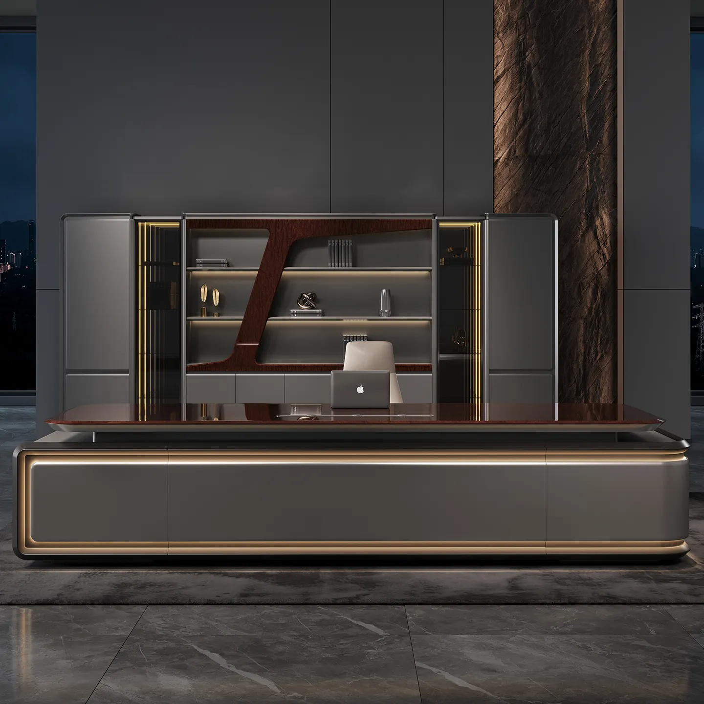 Executive office desk with coordinated storage and display cabinets