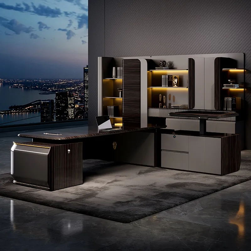 High-end CEO office desk with premium wood grain and modern executive design