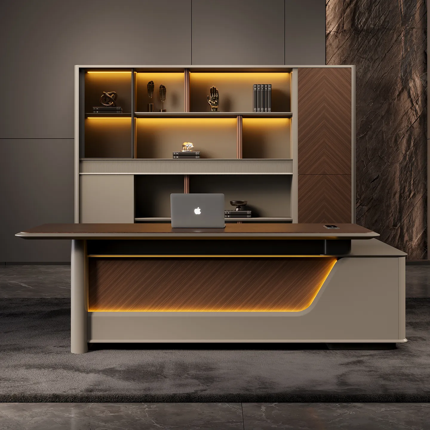 Wood grain detail on a contemporary executive office desk