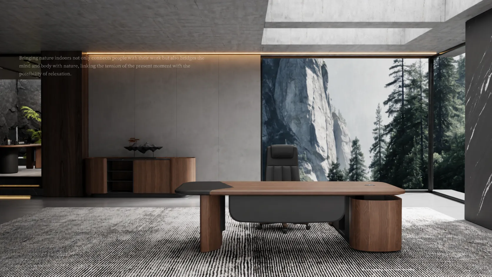 FENLERN rendering of an executive desk and storage in a coordinated wood-tone palette