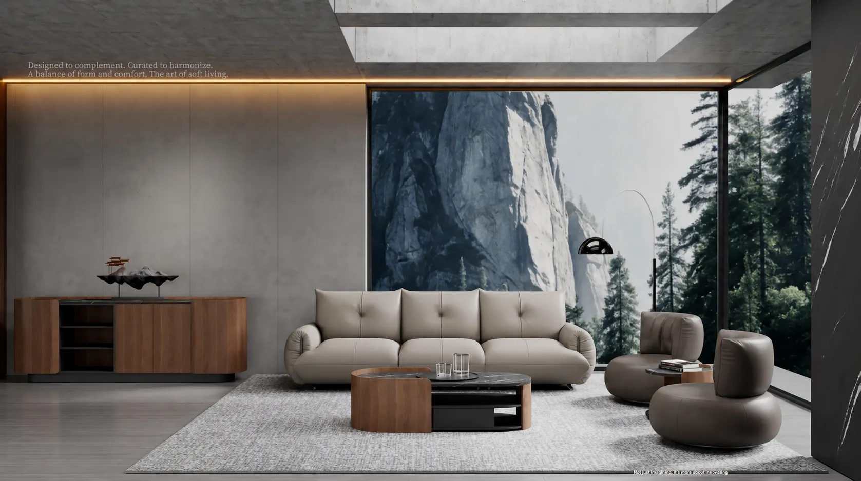 FENLERN rendering of lounge seating, a coffee table and wood-tone storage