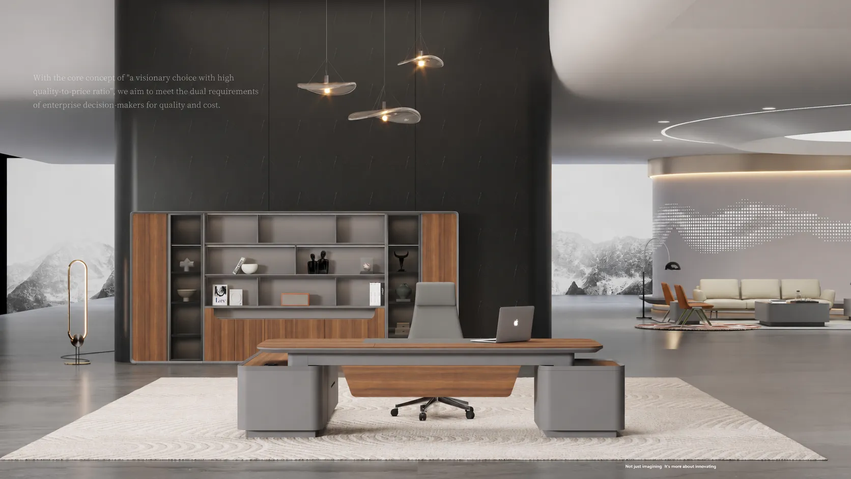 FENLERN executive desk and storage combining walnut-tone surfaces with grey components