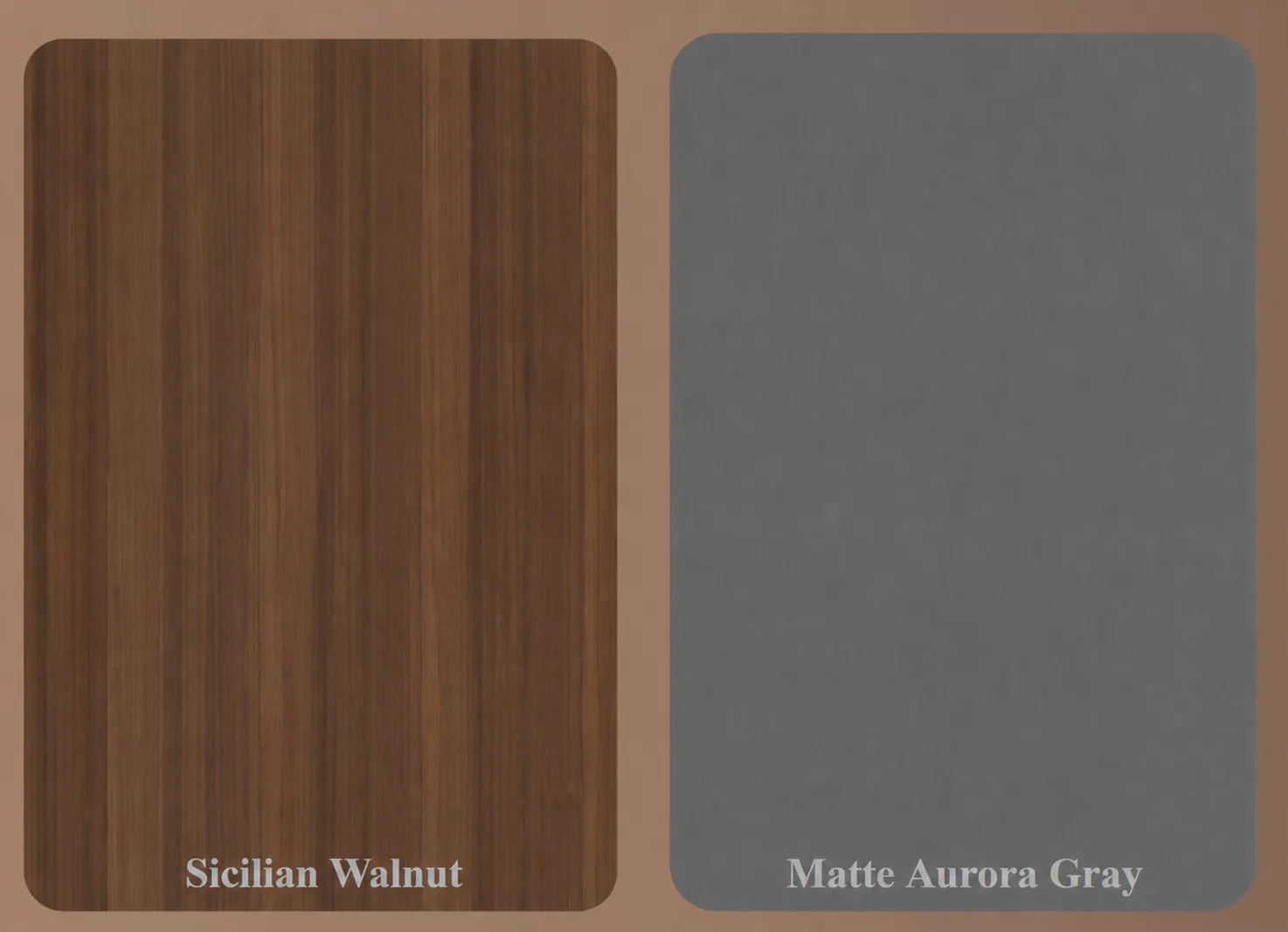Walnut-tone and grey material swatches for the FENLERN executive furniture collection