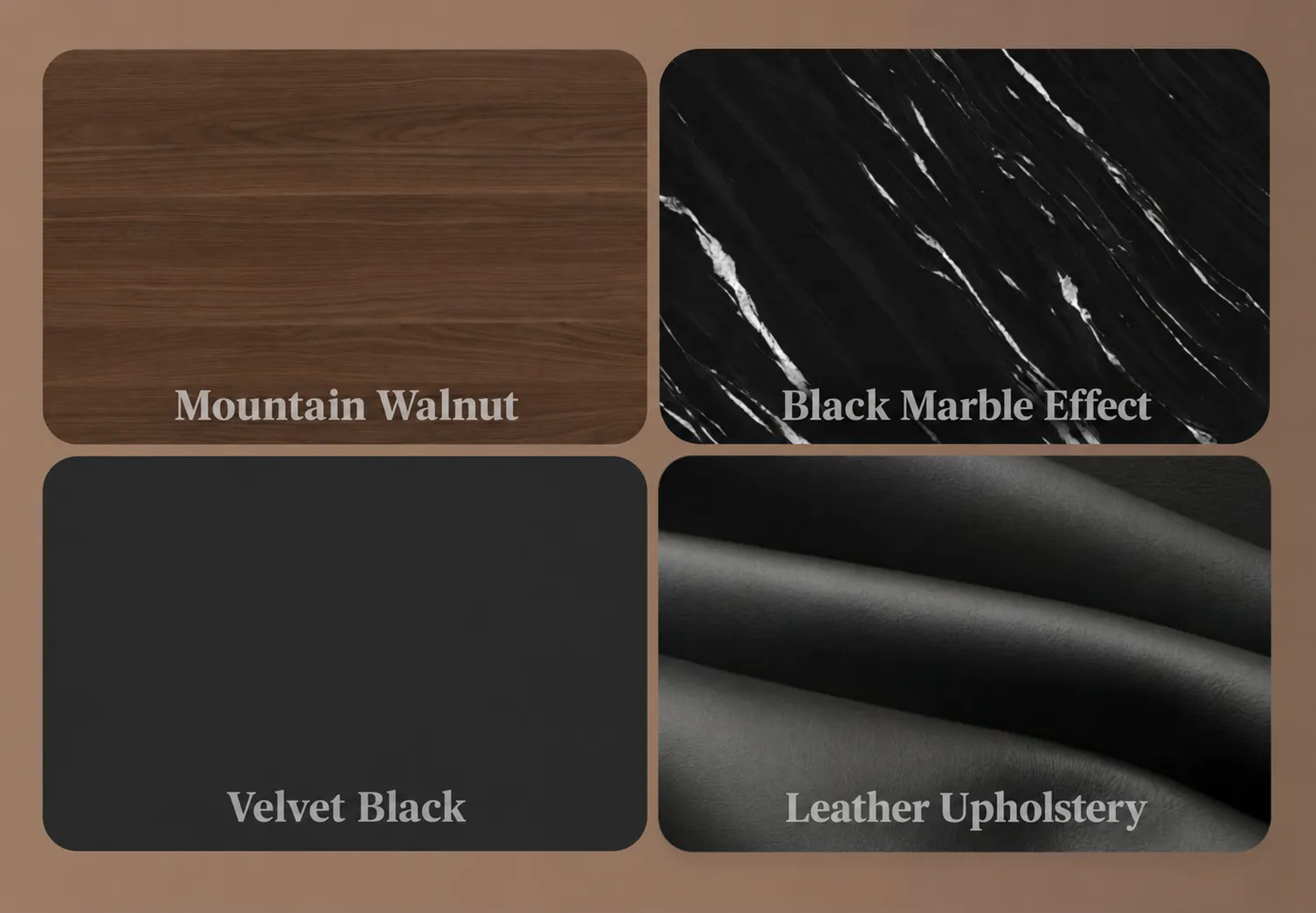 FENLERN material palette showing wood tone, black, stone pattern and upholstery references