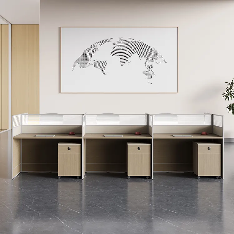 Frame partitioned office cubicle workstation with L-shaped desks and privacy panels