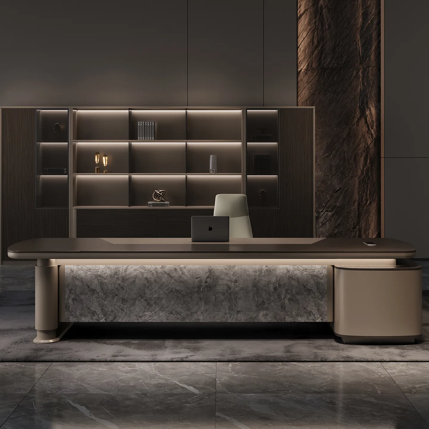 L-shaped executive desk with wood finish and integrated cable management