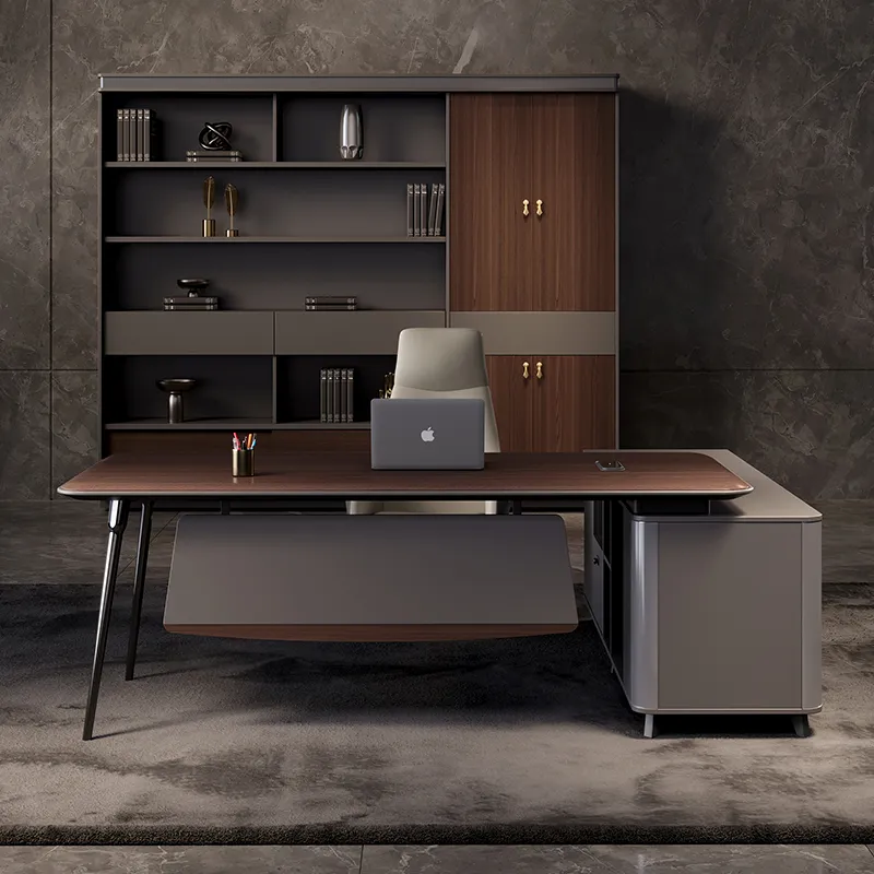 L-shaped manager office desk with side cabinet for professional private offices