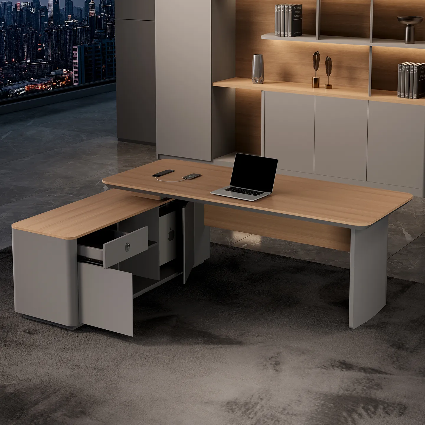 L-shaped manager office desk with side cabinet for private office spaces