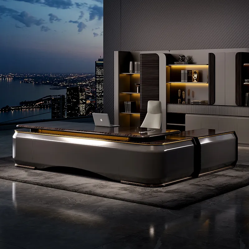 Luxury executive office desk with dark wood finish and integrated storage