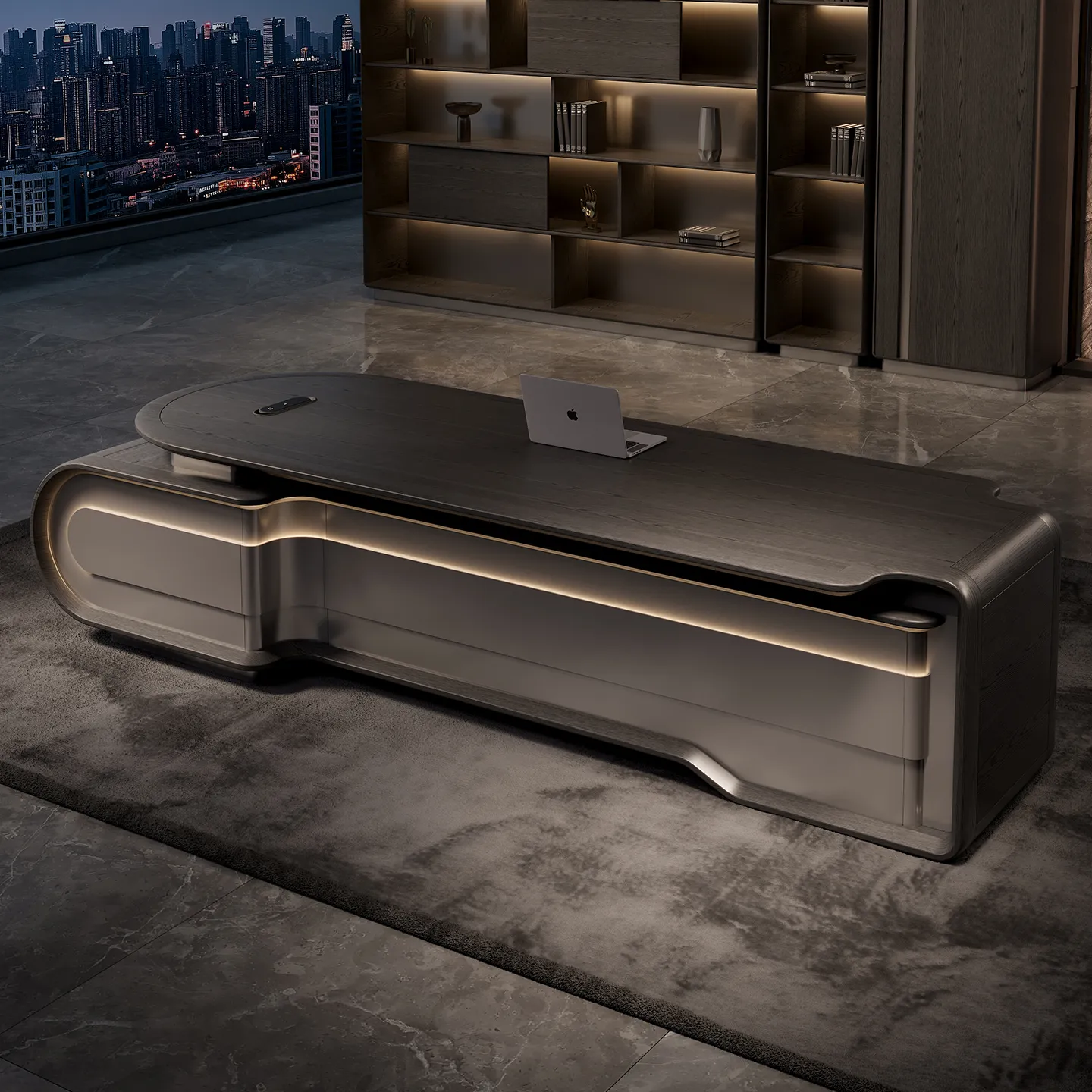 Luxury executive office furniture with dark wood grain and metallic finish