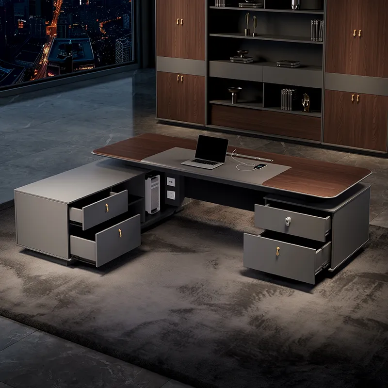 Luxury executive office furniture with wood finish desktop and metal cabinet base