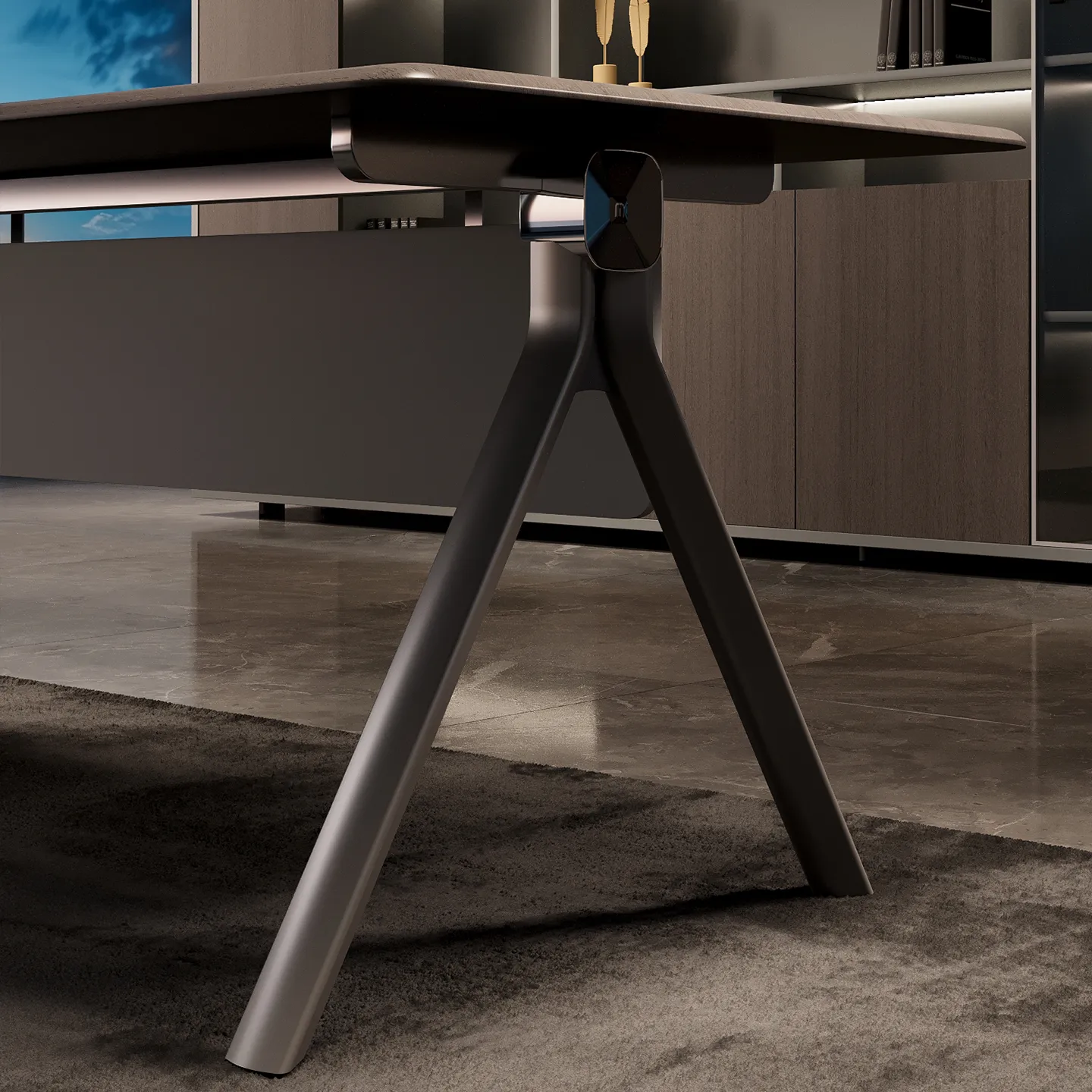 A-frame metal support leg detail on contemporary manager office desk