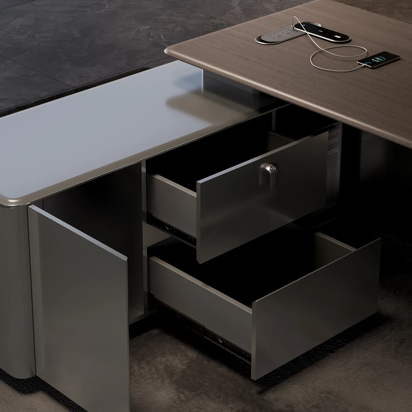Combination lock detail for secure storage on modern manager office desk