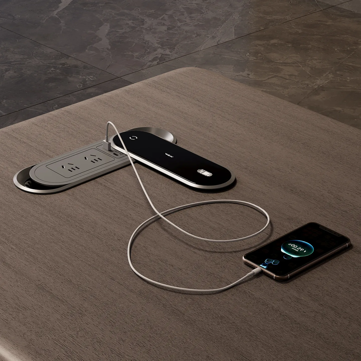 Hidden desktop power outlet integrated into modern manager office desk