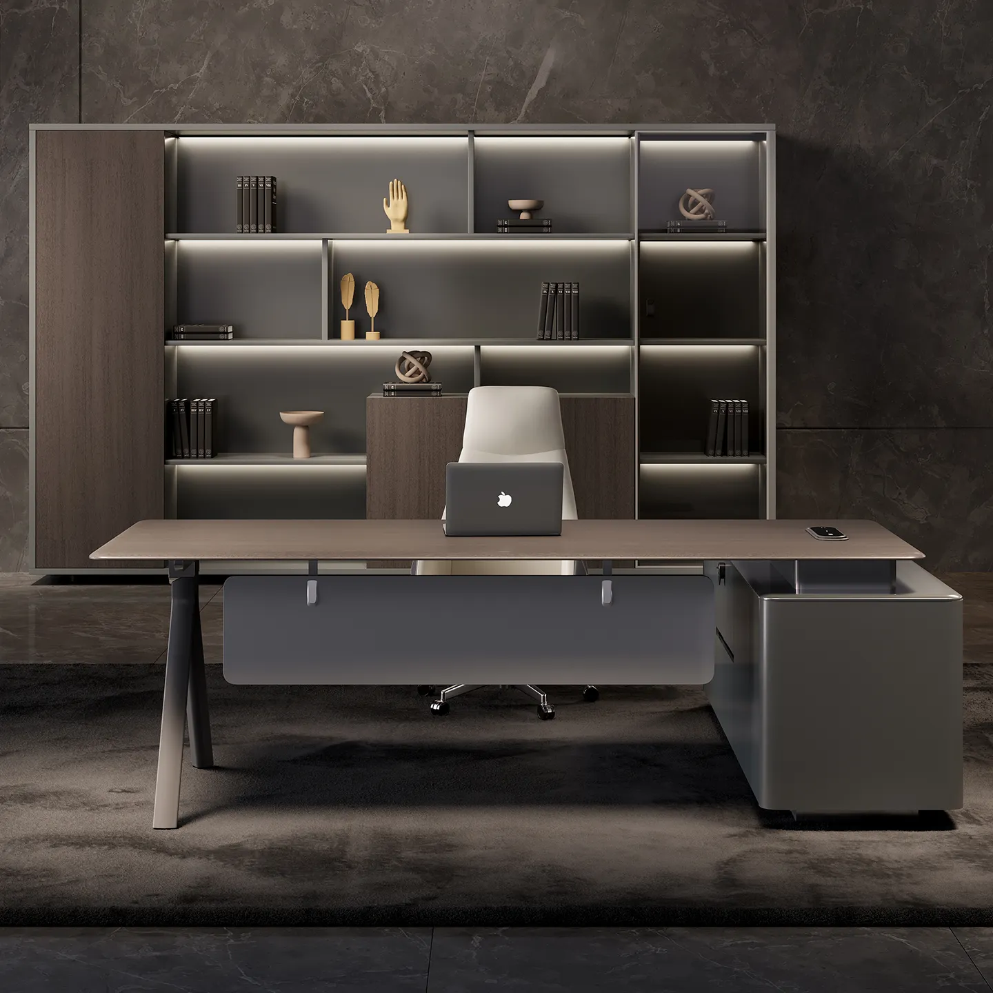Manager office desk with integrated side cabinet and organized storage space