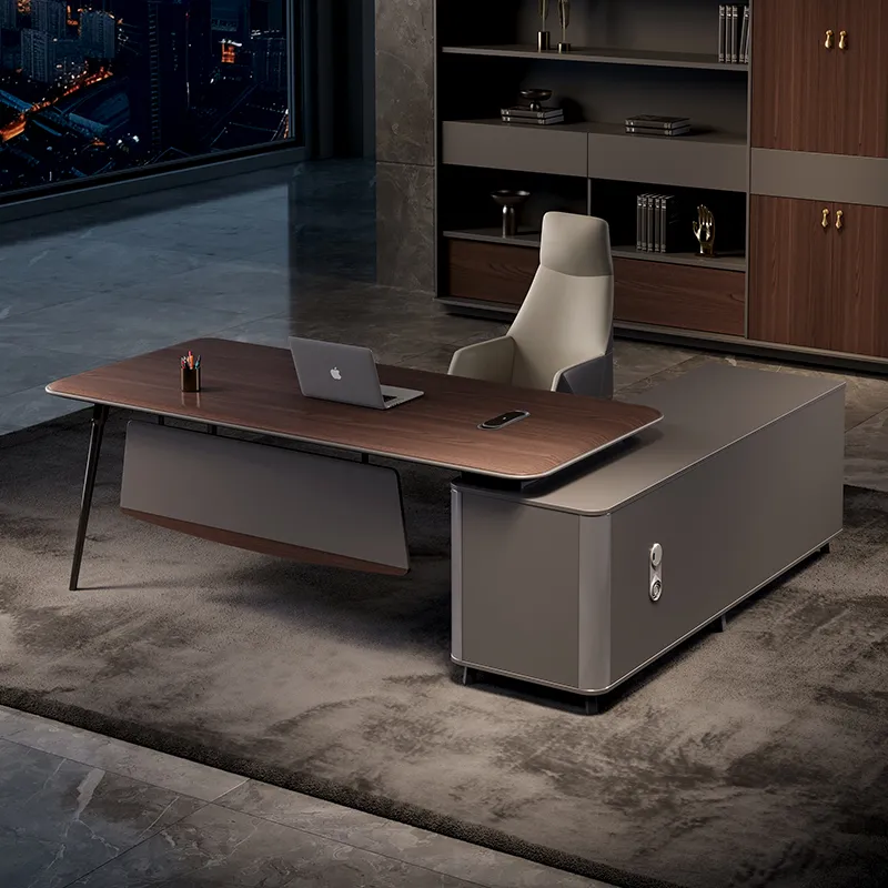 Manager office desk with integrated side cabinet and organized storage compartments