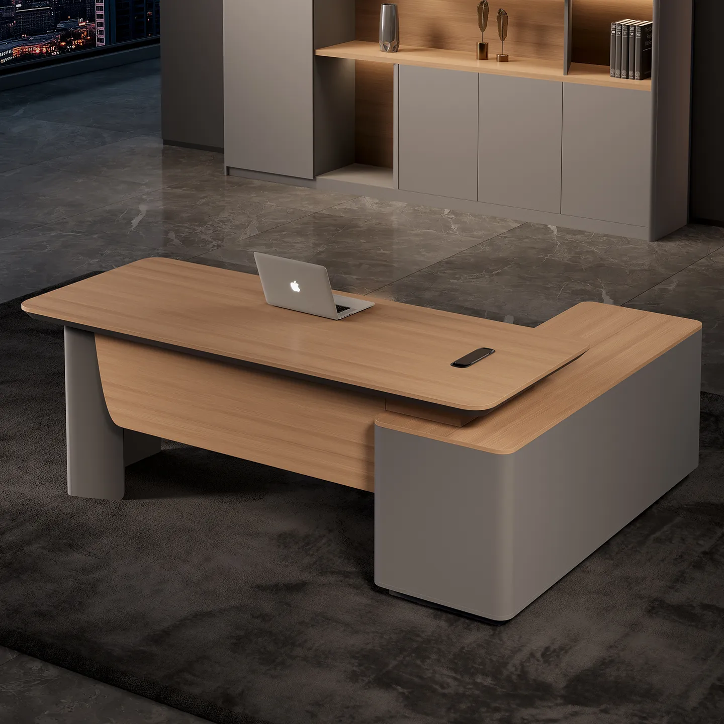 Manager office desk with integrated side cabinet and organized storage