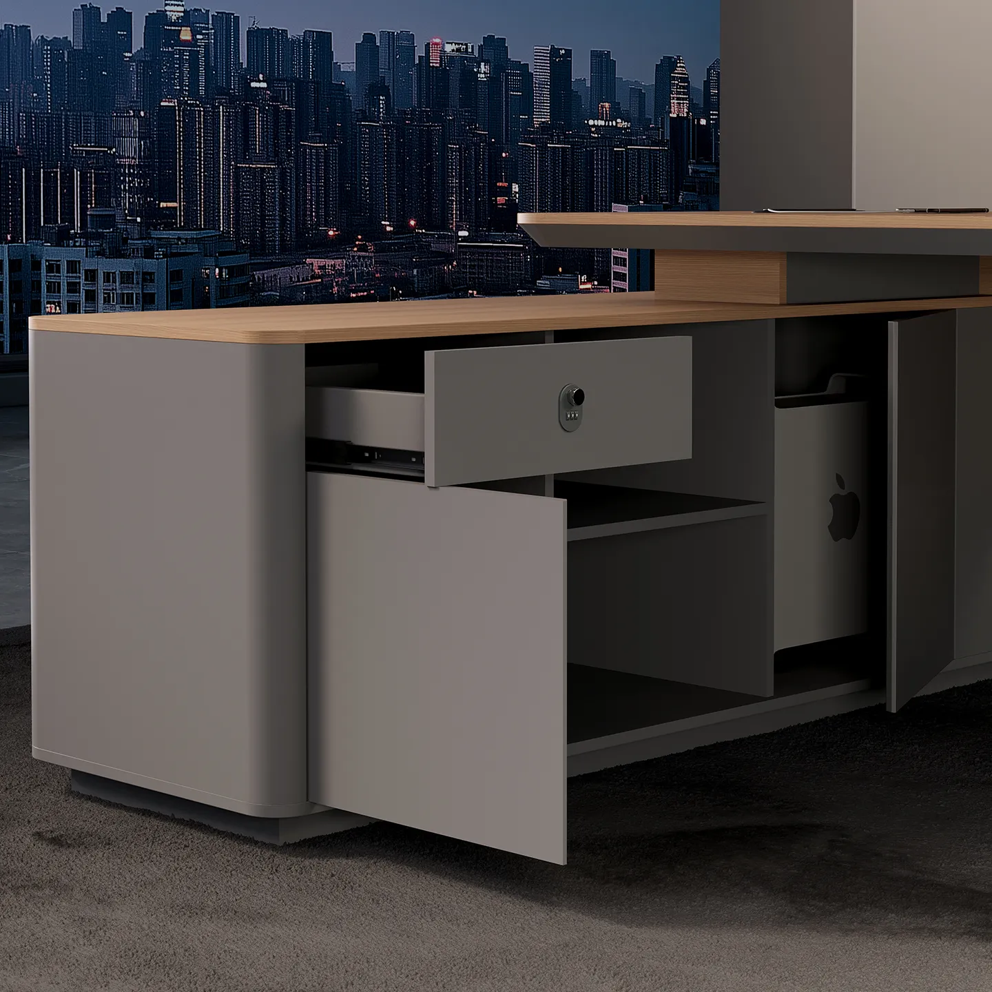 Built-in drawer and cabinet storage detail on modern manager office desk