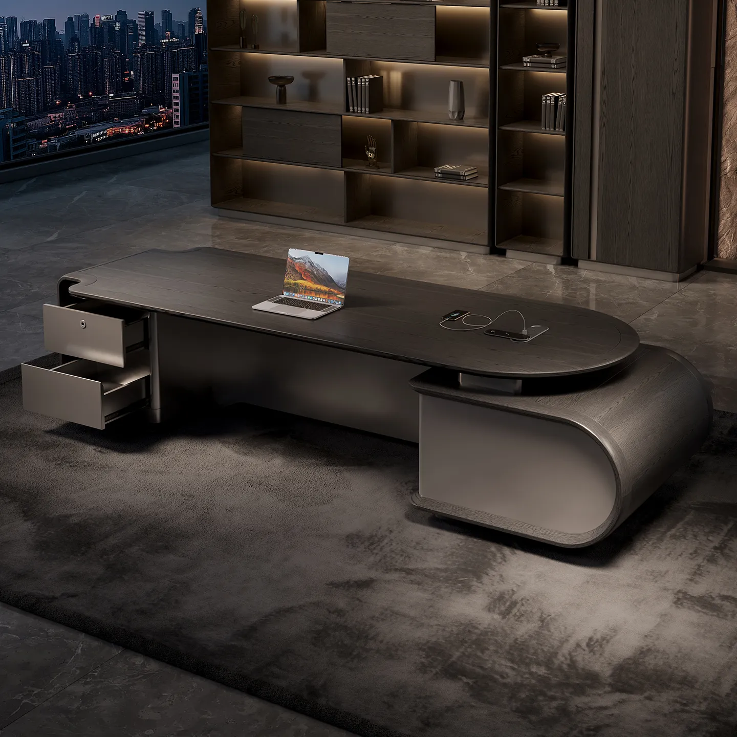 Modern CEO office desk with spacious desktop and integrated storage