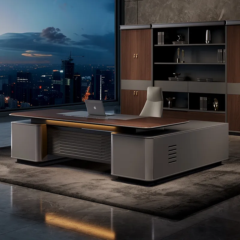 Modern CEO office desk with large work surface and executive storage cabinets